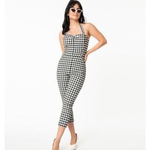 NWT Unique Vintage Black & White Gingham Plaid Marcel Jumpsuit Ankle Cropped XS